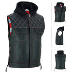 ADM Men’s SOA Cowhide Leather Motorcycle Vest with Hood – Concealed Carry Gun Pockets, Side Laces, Club Riding Biker Vest ADM LEATHER