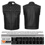 ADM Leather Men’s SOA Biker Vest — Genuine Cowhide Leather, White Stitching, Band Collar, Concealed Carry Gun Pockets, Club Style Motorcycle Vest ADM LEATHER