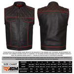 ADM Leather Men’s Genuine Cowhide Biker Vest — Red Stitching, Band Collar, Concealed Carry Gun Pockets, Club Style Motorcycle Vest ADM LEATHER