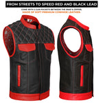 ADM Leather Men’s SOA Biker Vest – Genuine Cowhide Black Leather, Red Pockets, Band Collar, Concealed Carry, Club-Style Side Zipper Motorcycle Vest ADM LEATHER