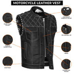 ADM Leather Men’s SOA Biker Vest — Genuine Cowhide Leather, White Stitching, Band Collar, Concealed Carry Gun Pockets, Club Style Motorcycle Vest ADM LEATHER