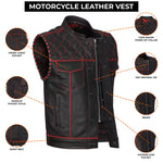 ADM Leather Men’s Genuine Cowhide Biker Vest — Red Stitching, Band Collar, Concealed Carry Gun Pockets, Club Style Motorcycle Vest ADM LEATHER