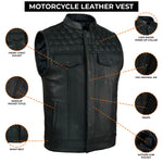 ADM SOA Men’s Genuine Cowhide Leather Motorcycle Vest, Biker Club Vest with Band Collar, Concealed Carry Pockets & Black Stitching Rider Vest ADM LEATHER