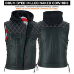 ADM Men’s SOA Cowhide Leather Motorcycle Vest with Hood – Concealed Carry Gun Pockets, Side Laces, Club Riding Biker Vest ADM LEATHER