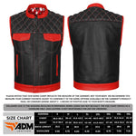 ADM Leather Men’s SOA Biker Vest – Genuine Cowhide Black Leather, Red Pockets, Band Collar, Concealed Carry, Club-Style Side Zipper Motorcycle Vest ADM LEATHER