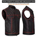 ADM Leather Men’s Genuine Cowhide Biker Vest — Red Stitching, Band Collar, Concealed Carry Gun Pockets, Club Style Motorcycle Vest ADM LEATHER