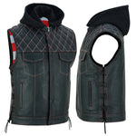 ADM Men’s SOA Cowhide Leather Motorcycle Vest with Hood – Concealed Carry Gun Pockets, Side Laces, Club Riding Biker Vest ADM LEATHER