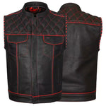 ADM Leather Men’s Genuine Cowhide Biker Vest — Red Stitching, Band Collar, Concealed Carry Gun Pockets, Club Style Motorcycle Vest ADM LEATHER