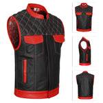 ADM Leather Men’s SOA Biker Vest – Genuine Cowhide Black Leather, Red Pockets, Band Collar, Concealed Carry, Club-Style Side Zipper Motorcycle Vest ADM LEATHER