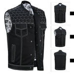 A collage of images displaying a men's motorcycle club-style vest with white stitching, denim chest panels, and mesh body. It features a standup collar, dual concealed carry gun pockets, and a heavy-duty YKK zipper.