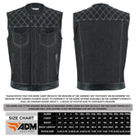ADM Leather Men’s SOA Style Denim & Leather Motorcycle Vest – Diamond Quilted Shoulders, Gun Pockets, Club Riding Vest, White Stitching With No Band Collar ADM LEATHER