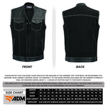 ADM Leather Denim Leather Combo SOA Motorcycle Vest, Men’s Biker Club Vest with Concealed Carry Pockets, YKK Zipper & Band Collar Rider Vest ADM LEATHER