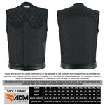ADM Leather Men’s SOA Style Denim & Leather Motorcycle Vest – Diamond Quilted Shoulders, Gun Pockets, Club Riding Vest, Black Stitching With No Band Collar ADM LEATHER