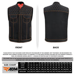 ADM Leather Men’s SOA Denim & Mesh Motorcycle Vest — Orange Stitching, Concealed Carry Pockets, YKK Zipper, Club-Style Band Collar ADM LEATHER