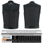 ADM Leather Men’s SOA Style Denim & Leather Motorcycle Vest – Diamond Quilted Shoulders, Gun Pockets, Club Riding Vest, Black Stitching With Band Collar ADM LEATHER