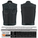 ADM Leather Men’s SOA Style Denim & Leather Motorcycle Vest – Diamond Quilted Shoulders, Gun Pockets, Club Riding Vest, White Stitching With Band Collar ADM LEATHER