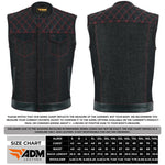 ADM Leather Men’s SOA Style Denim & Leather Motorcycle Vest – Diamond Quilted Shoulders, Gun Pockets, Club Riding Vest, Red Stitching with No Band Collar ADM LEATHER