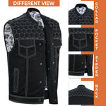 ADM Leather Men’s SOA Denim & Mesh Motorcycle Vest – White Stitching, Concealed Carry Gun Pockets, YKK Zipper, Club Style Band Collar Rider Vest ADM LEATHER