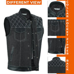 ADM Leather Men’s SOA Style Denim & Leather Motorcycle Vest – Diamond Quilted Shoulders, Gun Pockets, Club Riding Vest, White Stitching With Band Collar ADM LEATHER