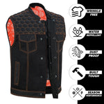 ADM Leather Men’s SOA Denim & Mesh Motorcycle Vest — Orange Stitching, Concealed Carry Pockets, YKK Zipper, Club-Style Band Collar ADM LEATHER