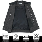 ADM Leather Men’s SOA Style Denim & Leather Motorcycle Vest – Diamond Quilted Shoulders, Gun Pockets, Club Riding Vest, Black Stitching With No Band Collar ADM LEATHER