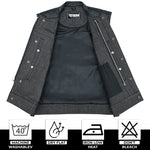ADM Leather Men’s SOA Style Denim & Leather Motorcycle Vest – Diamond Quilted Shoulders, Gun Pockets, Club Riding Vest, Black Stitching With Band Collar ADM LEATHER