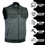 ADM Leather SOA Grey Denim Black Leather Vest, Men’s Motorcycle Club Vest, Concealed Carry Biker Vest with YKK Zipper & Band Collar ADM LEATHER