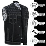 ADM Leather Men’s SOA Denim & Mesh Motorcycle Vest – White Stitching, Concealed Carry Gun Pockets, YKK Zipper, Club Style Band Collar Rider Vest ADM LEATHER