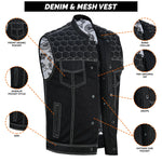 ADM Leather Men’s SOA Denim & Mesh Motorcycle Vest – White Stitching, Concealed Carry Gun Pockets, YKK Zipper, Club Style Band Collar Rider Vest ADM LEATHER