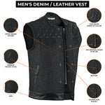 ADM Leather Men’s SOA Style Denim & Leather Motorcycle Vest – Diamond Quilted Shoulders, Gun Pockets, Club Riding Vest, Black Stitching With No Band Collar ADM LEATHER