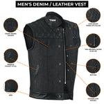 ADM Leather Men’s SOA Style Denim & Leather Motorcycle Vest – Diamond Quilted Shoulders, Gun Pockets, Club Riding Vest, Black Stitching With Band Collar ADM LEATHER