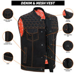 ADM Leather Men’s SOA Denim & Mesh Motorcycle Vest — Orange Stitching, Concealed Carry Pockets, YKK Zipper, Club-Style Band Collar ADM LEATHER