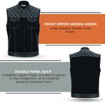 ADM Leather Men’s SOA Denim & Leather Motorcycle Vest – Diamond Quilted Shoulders, Concealed Gun Pockets, White Stitching, Band Collar ADM LEATHER