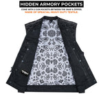 ADM Leather Men’s SOA Denim & Mesh Motorcycle Vest – White Stitching, Concealed Carry Gun Pockets, YKK Zipper, Club Style Band Collar Rider Vest ADM LEATHER