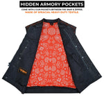 ADM Leather Men’s SOA Denim & Mesh Motorcycle Vest — Orange Stitching, Concealed Carry Pockets, YKK Zipper, Club-Style Band Collar ADM LEATHER