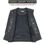 ADM Leather Men’s SOA Style Denim & Leather Motorcycle Vest – Diamond Quilted Shoulders, Gun Pockets, Club Riding Vest, White Stitching With No Band Collar ADM LEATHER