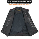 ADM Leather Men’s SOA Style Denim & Leather Motorcycle Vest – Diamond Quilted Shoulders, Gun Pockets, Club Riding Vest, Red Stitching with Band Collar ADM LEATHER