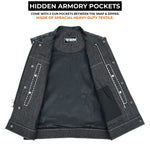 ADM Leather Men’s SOA Style Denim & Leather Motorcycle Vest – Diamond Quilted Shoulders, Gun Pockets, Club Riding Vest, White Stitching With Band Collar ADM LEATHER