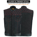 ADM Leather Men’s SOA Style Denim & Leather Motorcycle Vest – Diamond Quilted Shoulders, Gun Pockets, Club Riding Vest, Red Stitching with Band Collar ADM LEATHER