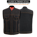 ADM Leather Men’s SOA Denim & Mesh Motorcycle Vest — Orange Stitching, Concealed Carry Pockets, YKK Zipper, Club-Style Band Collar ADM LEATHER