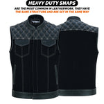 ADM Leather Men’s SOA Denim & Leather Motorcycle Vest – Diamond Quilted Shoulders, Concealed Gun Pockets, White Stitching, Band Collar ADM LEATHER
