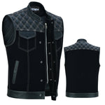 ADM Leather Men’s SOA Denim & Leather Motorcycle Vest – Diamond Quilted Shoulders, Concealed Gun Pockets, White Stitching, Band Collar ADM LEATHER