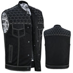 ADM Leather Men’s SOA Denim & Mesh Motorcycle Vest – White Stitching, Concealed Carry Gun Pockets, YKK Zipper, Club Style Band Collar Rider Vest ADM LEATHER