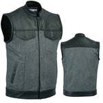 ADM Leather SOA Grey Denim Black Leather Vest, Men’s Motorcycle Club Vest, Concealed Carry Biker Vest with YKK Zipper & Band Collar ADM LEATHER