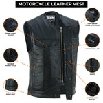 ADM Men’s SOA Real Cowhide Leather Motorcycle Biker Vest – Diamond Quilted Shoulders, Concealed Carry Gun Pockets, Club Style No Collar Vest ADM LEATHER