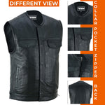 ADM Men’s SOA Real Cowhide Leather Motorcycle Biker Vest – Diamond Quilted Shoulders, Concealed Carry Gun Pockets, Club Style No Collar Vest ADM LEATHER