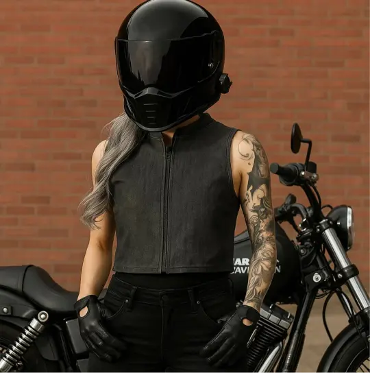 Women’s denim vest layered over hoodie – timeless fashion look”