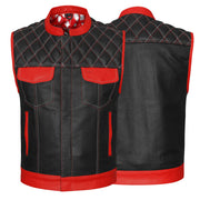 ADM Leather Men’s SOA Biker Vest – Genuine Cowhide Black Leather, Red Pockets, Band Collar, Concealed Carry, Club-Style Side Zipper Motorcycle Vest ADM LEATHER