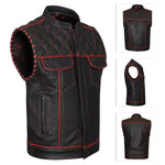 ADM Leather Men’s Genuine Cowhide Biker Vest — Red Stitching, Band Collar, Concealed Carry Gun Pockets, Club Style Motorcycle Vest ADM LEATHER