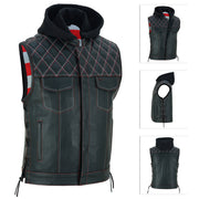 ADM Men’s SOA Cowhide Leather Motorcycle Vest with Hood – Concealed Carry Gun Pockets, Side Laces, Club Riding Biker Vest ADM LEATHER